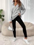 Autumn Winter Fashion Zipper Turndown Collar Solid Color Casual Women Top