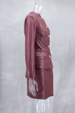 Autumn Winter Slim Fit Chic Leather Jacket Skirt Suit