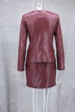 Autumn Winter Slim Fit Chic Leather Jacket Skirt Suit