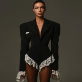 Autumn Winter Women's Chic Sexy Turndown Collar V-Neck Slim Lace Patchwork Bodysuit