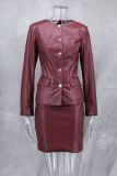 Autumn Winter Slim Fit Chic Leather Jacket Skirt Suit