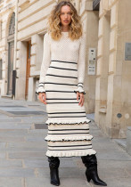 Autumn Winter Ruffle Knitting Ladies Slim Contrast Color Patchwork Elegant Long Dress