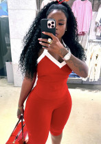 Summer Fashion Elastic Contrast Color Halter Neck Vest Top Tight Fitting Mid-Length Pants Two Piece Set Summer Fashion Elastic Contrast Color Halter Neck Vest Top Tight Fitting Mid-Length Pants Two Piece Set