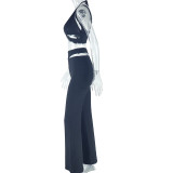 Women's Solid Color Sexy Halter Neck Metal Decoration  Vest Trousers Sports Two Piece Set