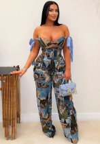 Printed Lace-Up Drawstring Multi-Pocket Two Piece Pants Set