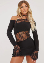 Autumn Solid Color Slash Shoulder Long Sleeve Sexy Lace Patchwork Short Dress Autumn Solid Color Slash Shoulder Long Sleeve Sexy Lace Patchwork Short Dress