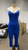 Summer Fashion Elastic Contrast Color Halter Neck Vest Top Tight Fitting Mid-Length Pants Two Piece Set