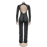 Fashion Women's Low Back Beaded Long Sleeve Club Jumpsuit（customized,MOQ 6pcs/size/color,process time 7-10 days）