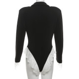 Autumn Winter Women's Chic Sexy Turndown Collar V-Neck Slim Lace Patchwork Bodysuit