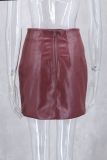 Autumn Winter Slim Fit Chic Leather Jacket Skirt Suit