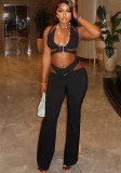 Women's Solid Color Sexy Halter Neck Metal Decoration  Vest Trousers Sports Two Piece Set