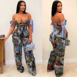 Printed Lace-Up Drawstring Multi-Pocket Two Piece Pants Set