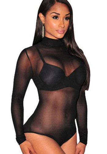 Plus Size Women Sexy Lingerie bikini Mesh See-Through long sleeve Bodysuit