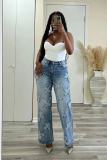 Women autumn tassel cross washed Denim Pants