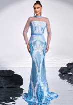 Women Long Sleeve Round Neck Sexy Mesh Sequined Formal Party Maxi Evening Dress Women Long Sleeve Round Neck Sexy Mesh Sequined Formal Party Maxi Evening Dress