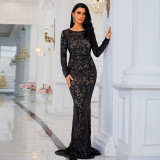 Women Long Sleeve Round Neck Sexy Sequin Formal Party Maxi Evening Dress