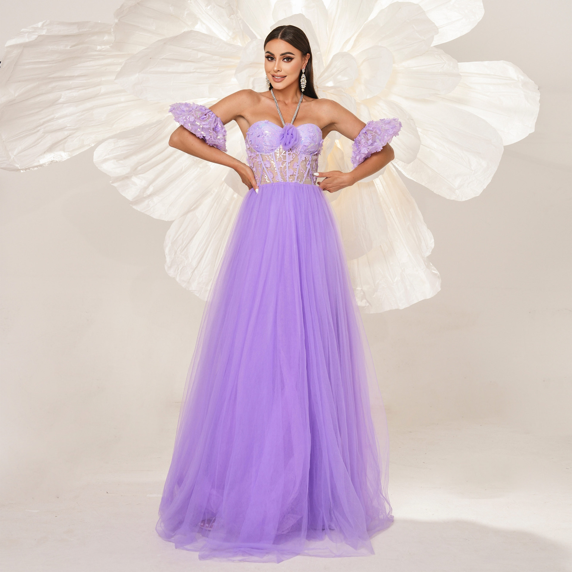 Women Halter Neck Sexy Formal Party Mesh Maxi Evening Dress