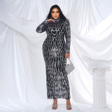 Plus Size Women Long Sleeve Round Neck Formal Party Sequined Fishtail Maxi Evening Dress