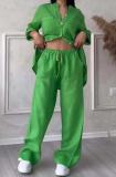 Women Casual Solid Shirt Wide Leg Pants Two Piece Set