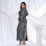 Plus Size Women Long Sleeve Round Neck Formal Party Sequined Fishtail Maxi Evening Dress