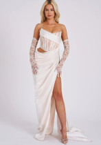 Women summer sexual slit Strapless lace contrast dress Women summer sexual slit Strapless lace contrast dress