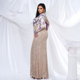 Plus Size Women Long Sleeve Round Neck Formal Party Sequined Fishtail Maxi Evening Dress