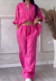 Women Casual Solid Shirt Wide Leg Pants Two Piece Set