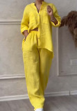 Women Casual Solid Shirt Wide Leg Pants Two Piece Set