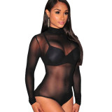 Plus Size Women Sexy Lingerie bikini Mesh See-Through long sleeve Bodysuit