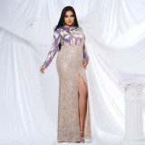 Plus Size Women Long Sleeve Round Neck Formal Party Sequined Fishtail Maxi Evening Dress