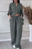 Women Casual Solid Shirt Wide Leg Pants Two Piece Set