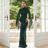 Women Long Sleeve Round Neck Sexy Sequin Formal Party Maxi Evening Dress