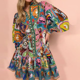 Women autumn print Round Neck lace pleated ruffle dress