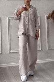 Women Casual Solid Shirt Wide Leg Pants Two Piece Set