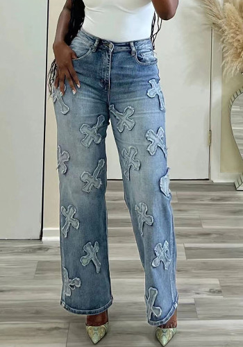 Women autumn tassel cross washed Denim Pants