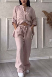 Women Casual Solid Shirt Wide Leg Pants Two Piece Set