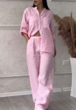 Women Casual Solid Shirt Wide Leg Pants Two Piece Set