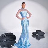 Women Long Sleeve Round Neck Sexy Mesh Sequined Formal Party Maxi Evening Dress