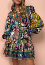 Women autumn print Round Neck lace pleated ruffle dress