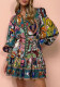 Women autumn print Round Neck lace pleated ruffle dress