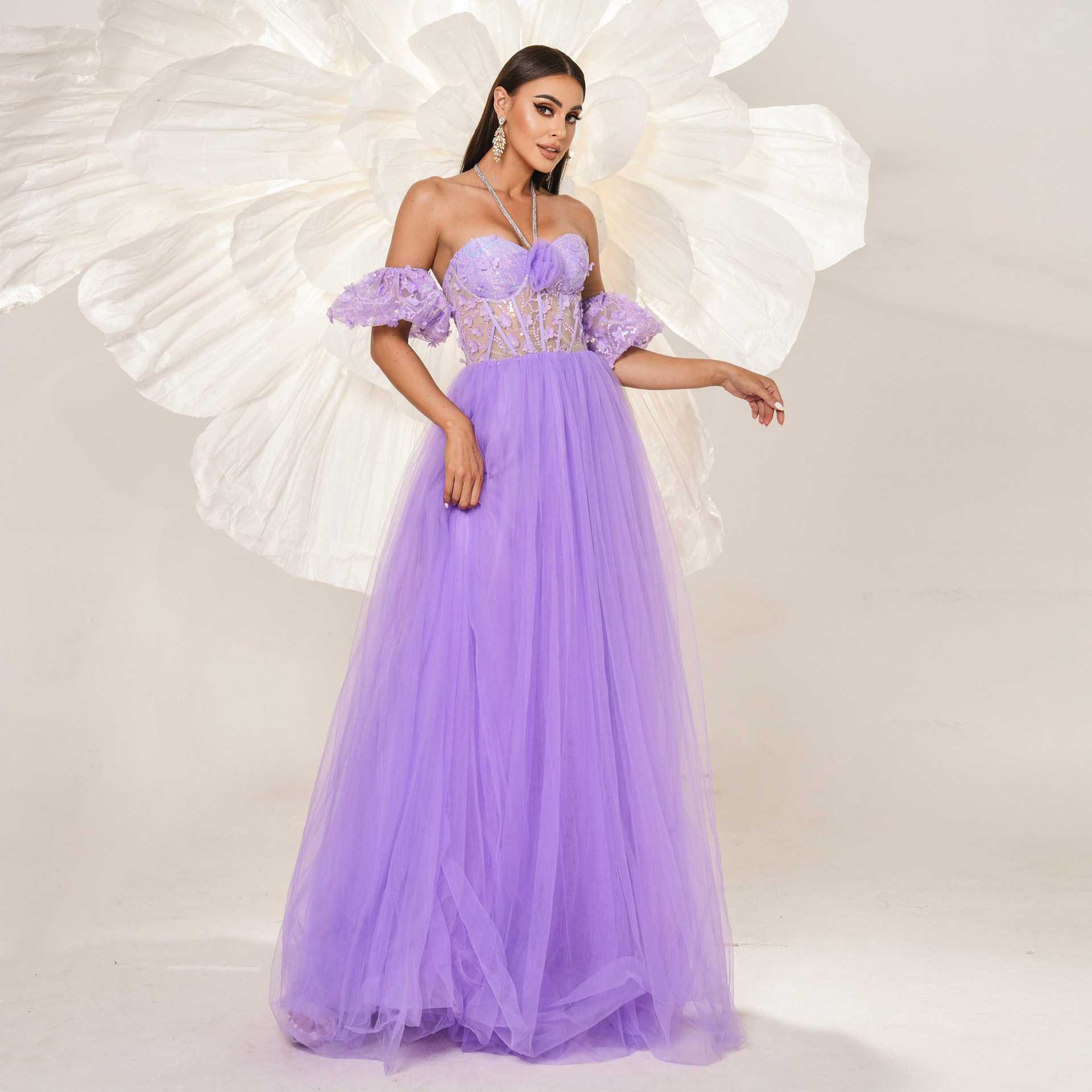 Women Halter Neck Sexy Formal Party Mesh Maxi Evening Dress