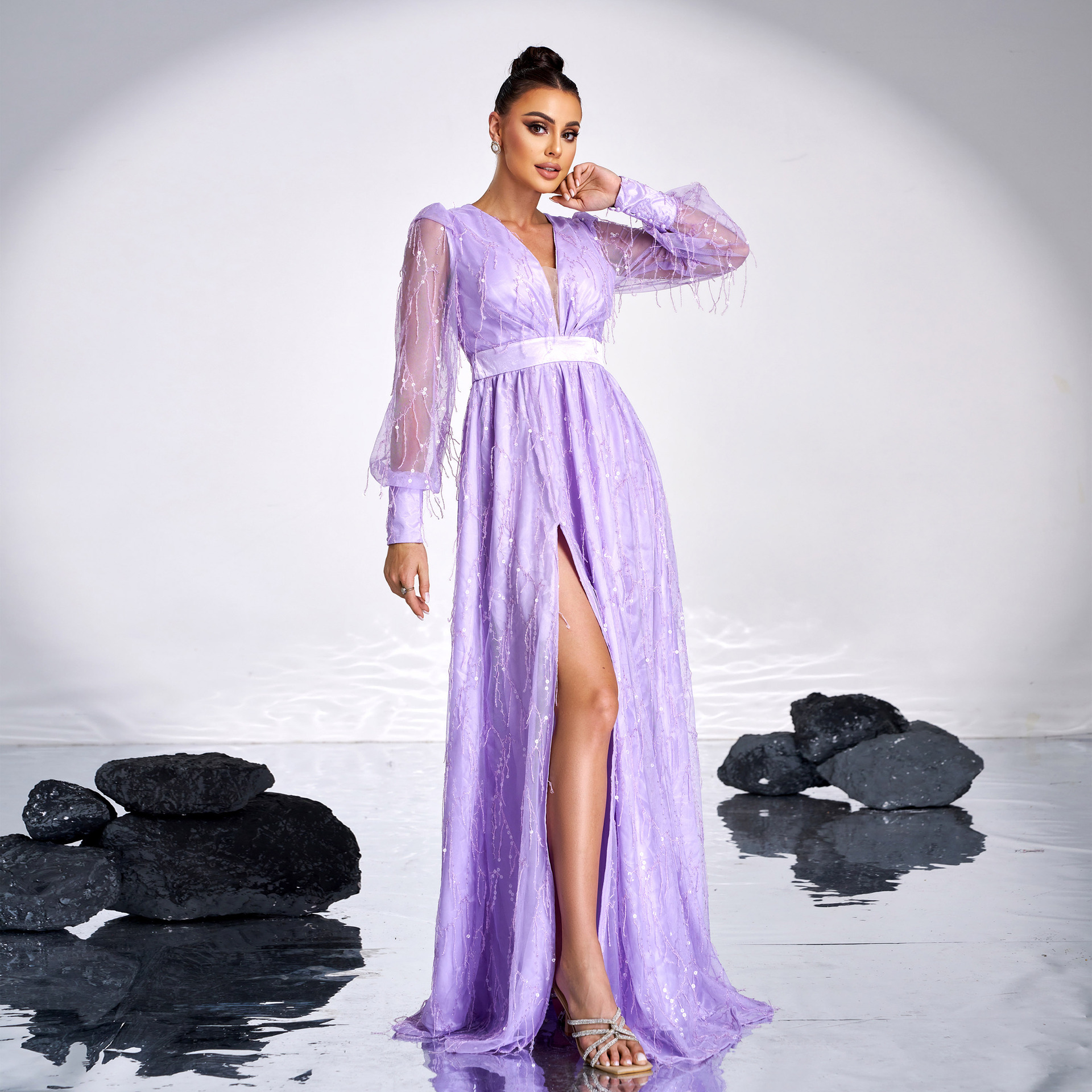 Women Long Sleeve V Neck Sexy Sequined Formal Party Evening Dress Bridesmaid Dress