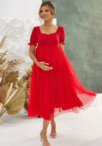 Summer Women's Square Neck Puff Sleeve Mesh Covered Maternity Dress