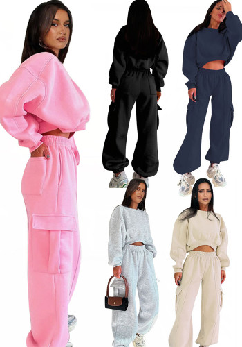 Women's Autumn Round Neck High Waist Hoodies Pocket Loose Sweatpants Suit