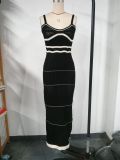 Sexy Contrasting Colors U-Neck Straps Woolen Dress