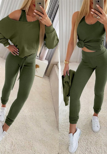 Women's Solid Slash-Shoulder Drawstring Slim Waist Top Ribbed Sleeveless Vest Pants Set