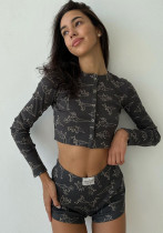 Women's Casual Summer Button Crop Long-Sleeved T-Shirt Tight Fitting Shorts Two Piece Set For Women Women's Casual Summer Button Crop Long-Sleeved T-Shirt Tight Fitting Shorts Two Piece Set For Women