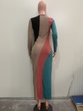 Women's Fashion Multi-Color Patchwork Long-Sleeved Ribbed Casual Dress
