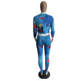Autumn Printed Stripes Zipper Sports Two Piece Pants Set