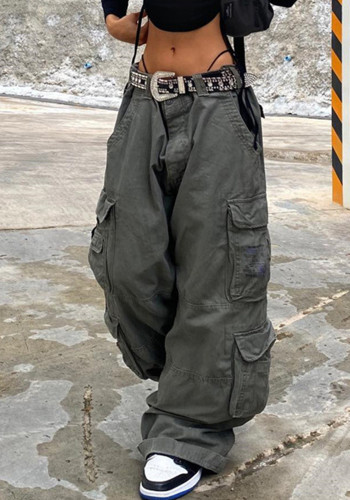 Casual Street Trend Woven Wide-Leg Casual Pants Multiple Pockets Design Cargo Pants For Women